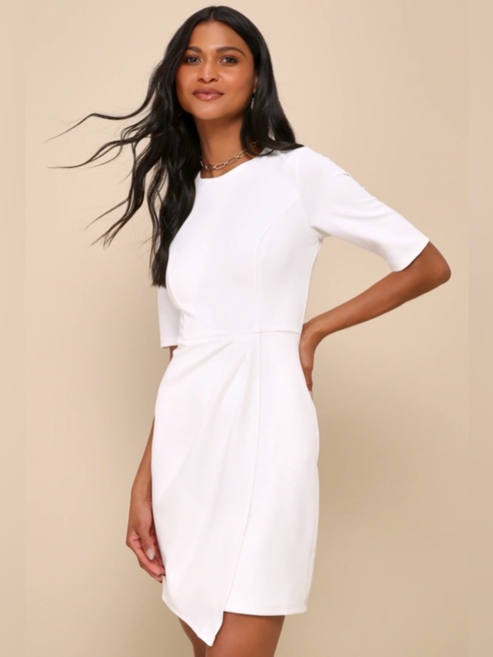 Lulu's Ivory Short-Sleeve Draped Sheath Mini Dress - Like New Worn x1 - Picture 6 of 8